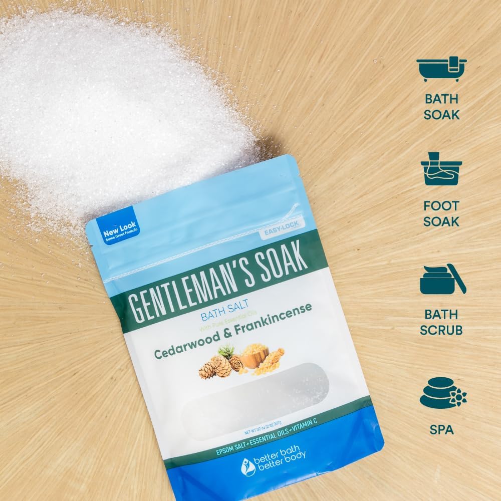 Gentleman's Bath Salt 32 Ounces Epsom Salt with Natural Cedarwood, Frankincense, Eucalyptus and