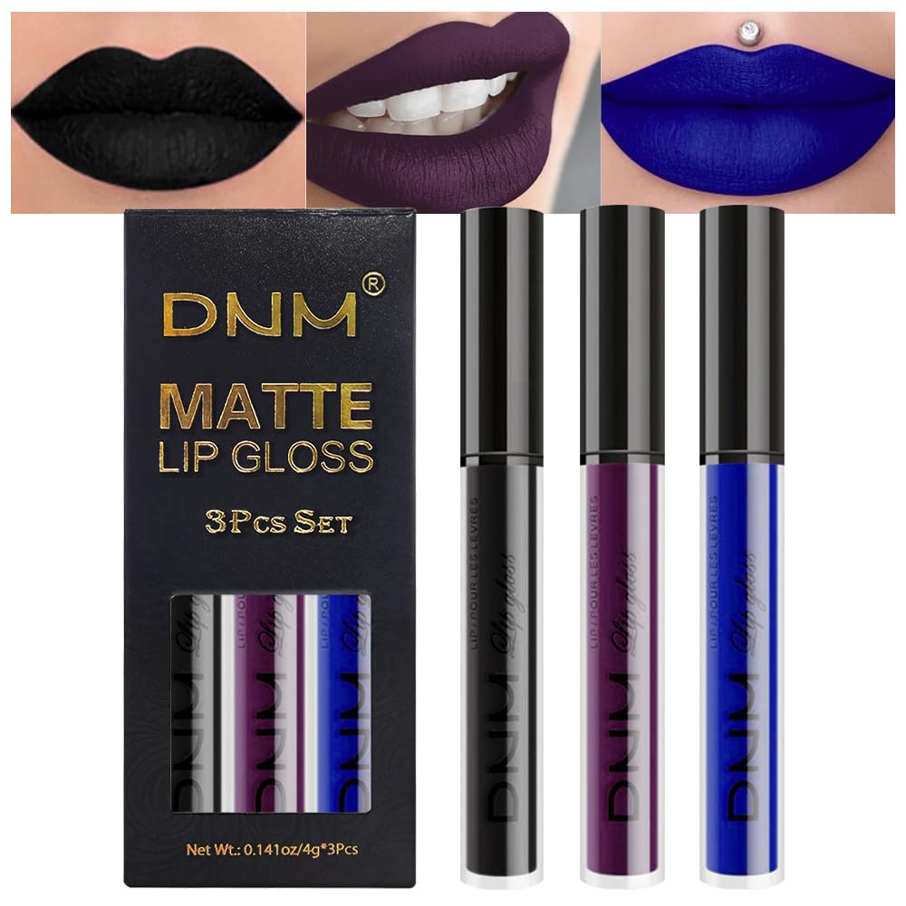 evpct 3Pcs Dark Purple Black Royal Blue Matte Liquid Lipstick Lip Stain Sets for Women