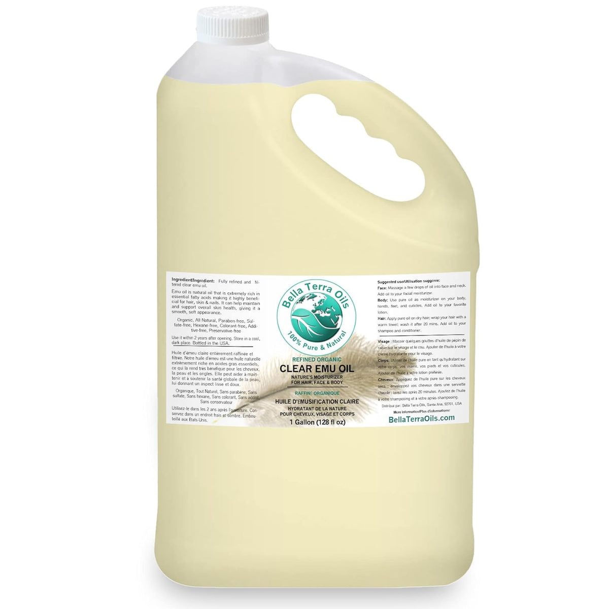 Bella Terra Oils Versatile Clear Emu Oil for Hair, Skin, and Nails – 1 gallon, Non-Greasy, Quick