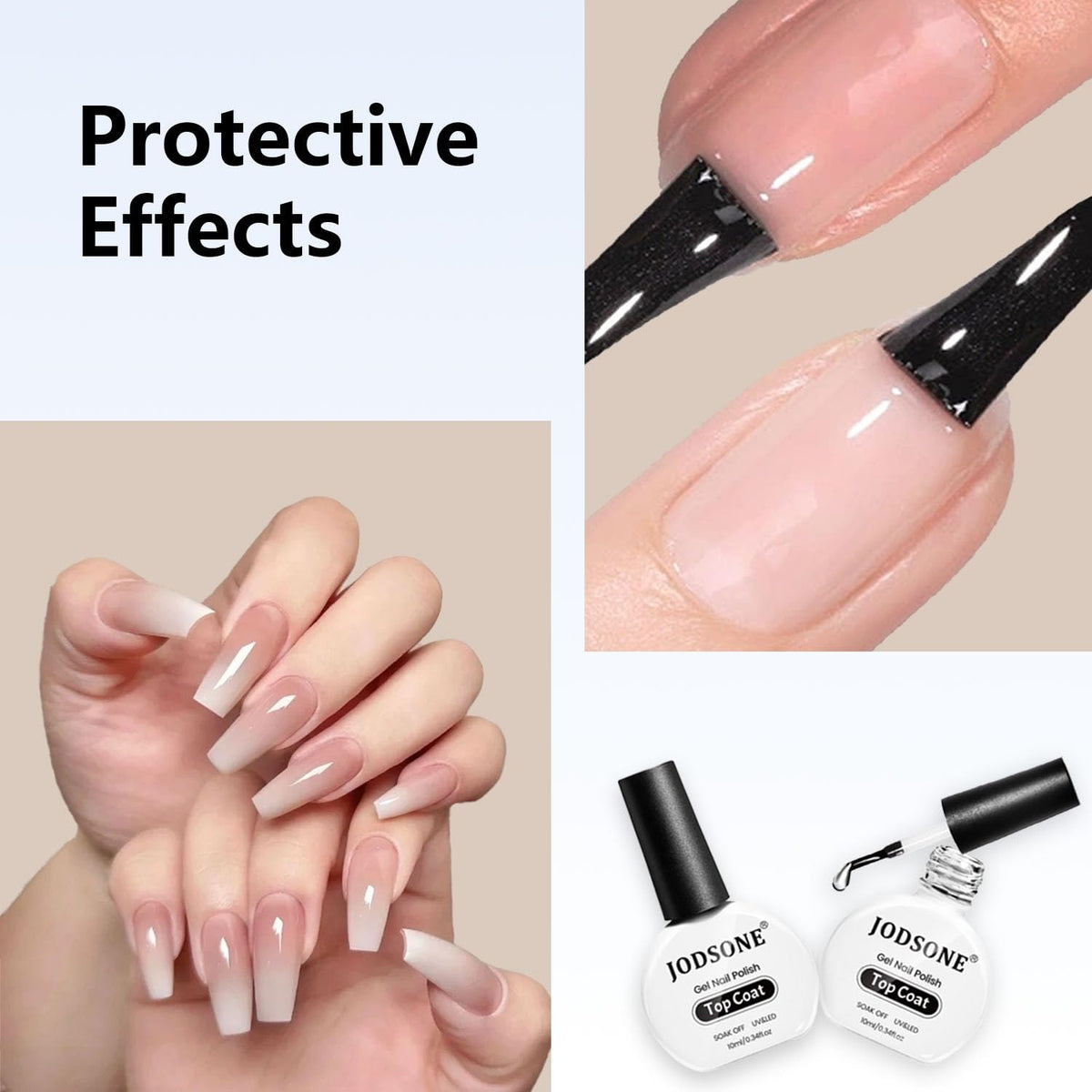JODSONE 2Pcs 10ml No Wipe Gel Top Coat Clear Glossy Shine Finish Long Lasting No Soak Off Requires