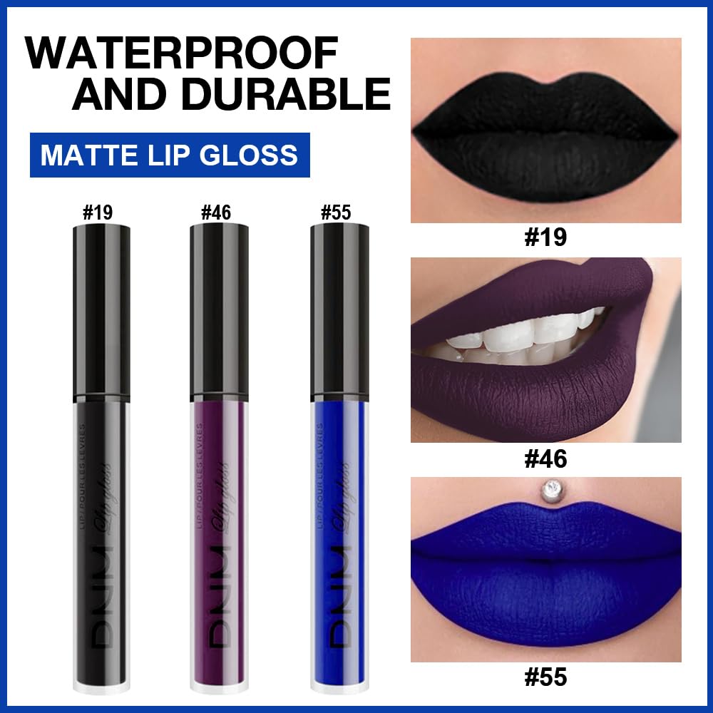 evpct 3Pcs Dark Purple Black Royal Blue Matte Liquid Lipstick Lip Stain Sets for Women