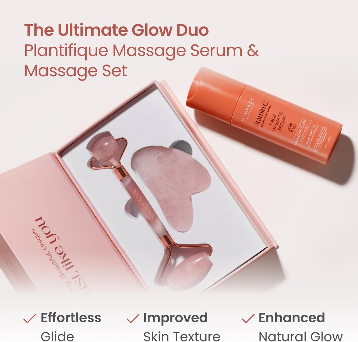 PLANTIFIQUE Face Roller and Gua Sha Rose Quartz Certified | Gifts | Guasha Tool for Face | Jawline