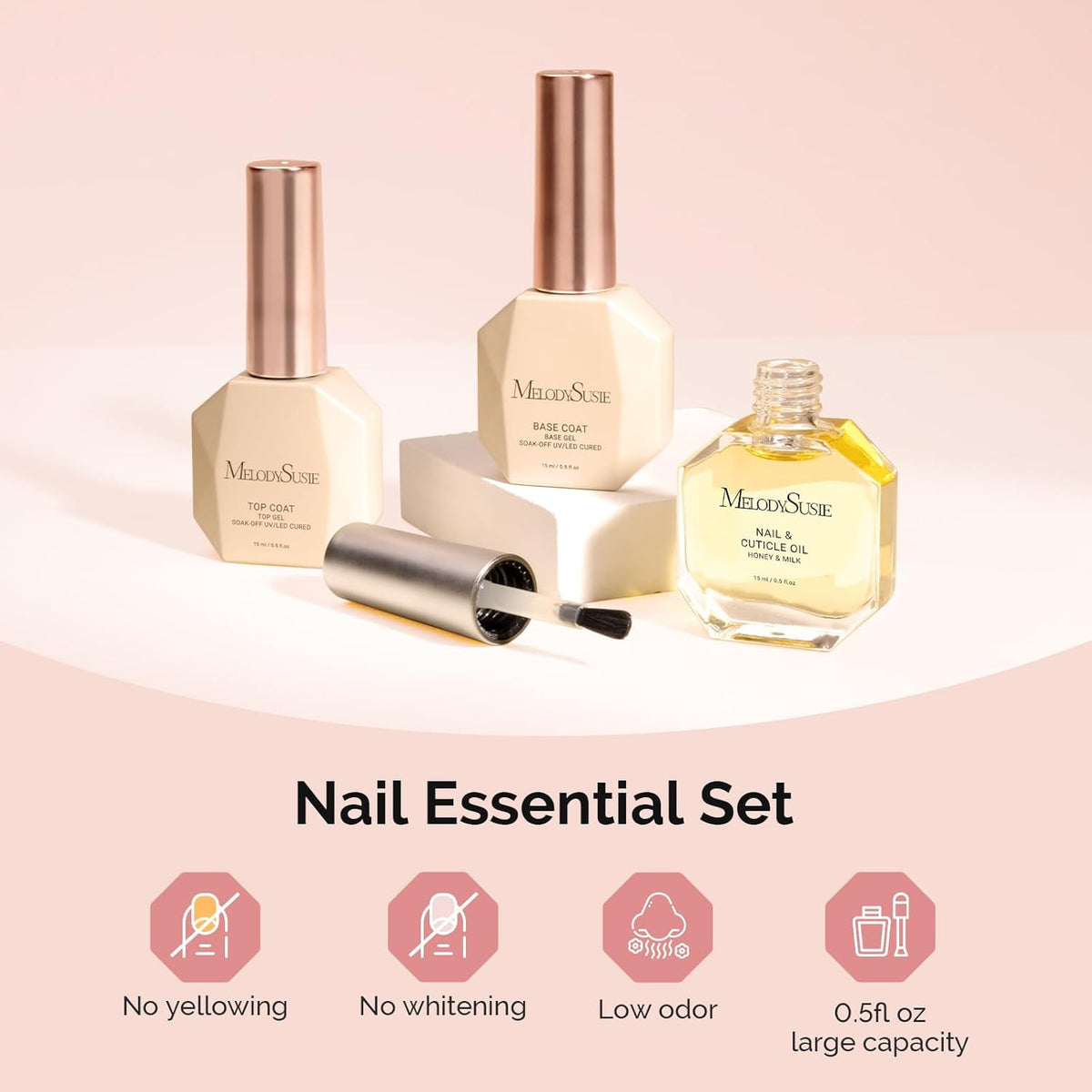 MelodySusie No Wipe Glossy Top Coat Base Coat Cuticle Oil Set Long Lasting Shine Finish Soak Off UV