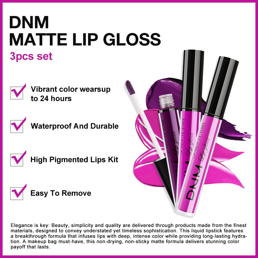 evpct 3Pcs Purple Hot Pink Fuchsia Red Matte Liquid Lipstick Lip Stain Sets for Women, Matte