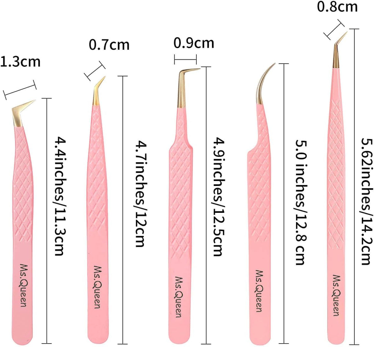 Ms.Queen Lash Tweezers for Eyelash Extensions,5Pcs Precision Fiber Tip Grip Curved 45 90 Degree