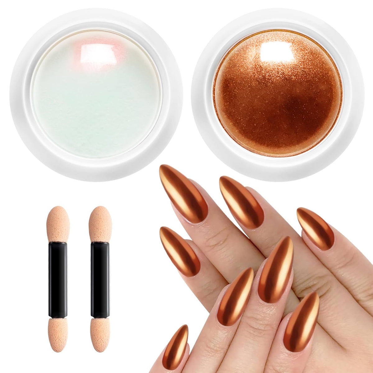 2 PCS Chrome Nail Powder：Mirror Effect Copper Chrome Nail Powder,Metallic Mirror Orange Chrome Nail