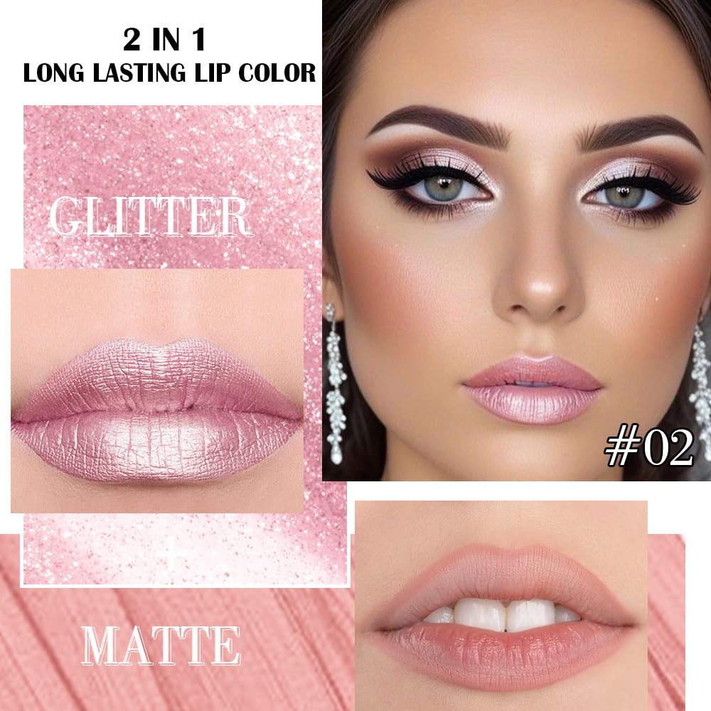evpct Light Pink Metallic Shimmer Lip Liner and Lipstick Combo Lip Gloss Stain Set Makeup for Women