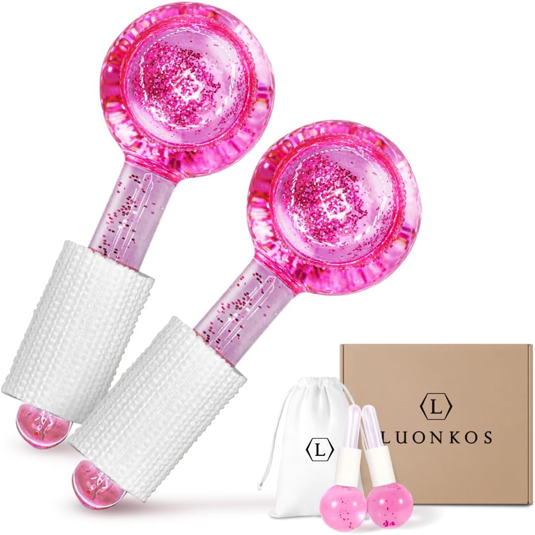 LUONKOS Ice Globes for Face - Pink, Set of 2 - Unbreakable Reusable Glass Gua Sha Tool & Lymphatic