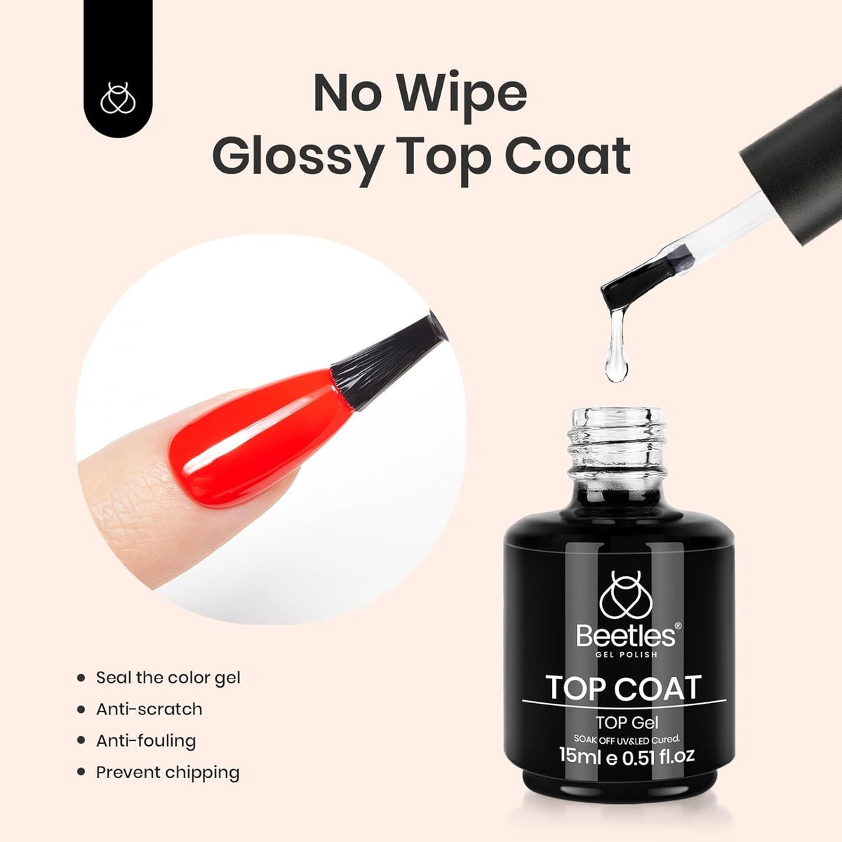 Beetles Matte Top Coat 2 Pcs 15ml No Wipe Gel Glossy Nail Polish Shine Effect Long Lasting Soak Off