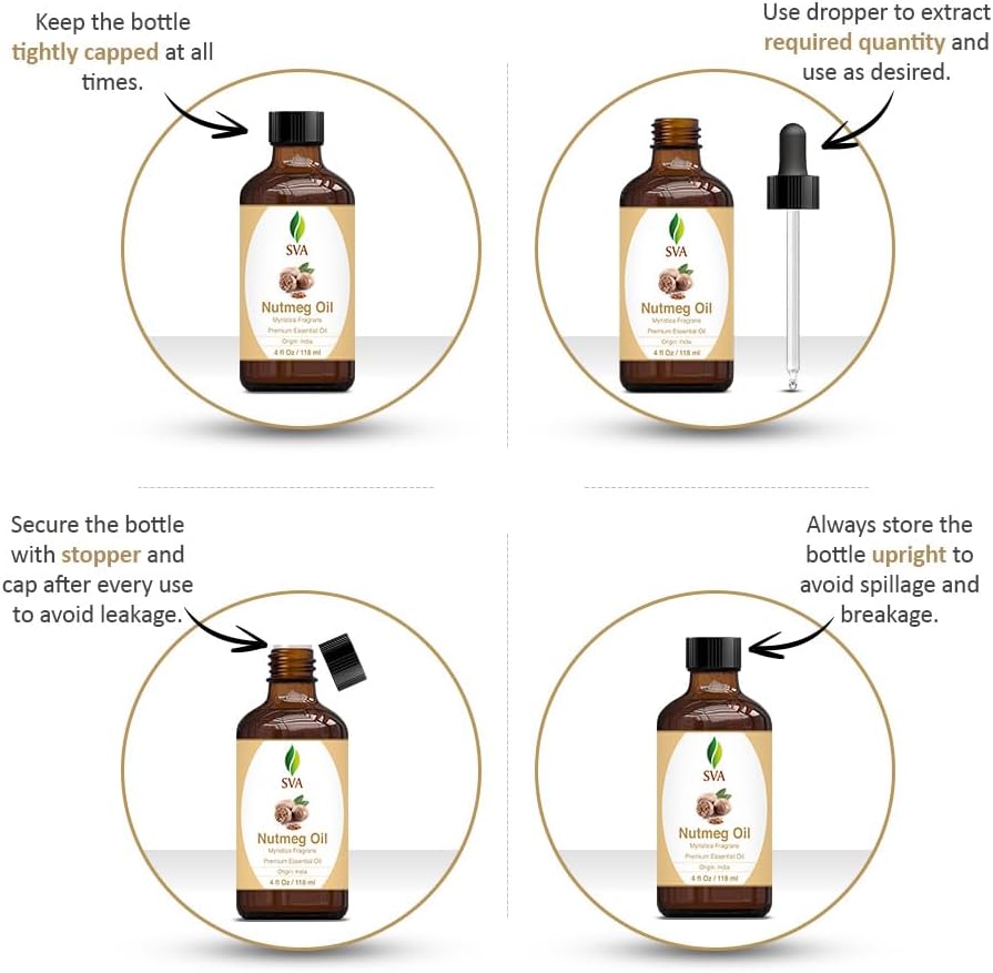 SVA Nutmeg Essential Oil – 4 Fl Oz – 100% Natural Nutmeg Oil - for Diffuser, Hair Care, Face, Skin