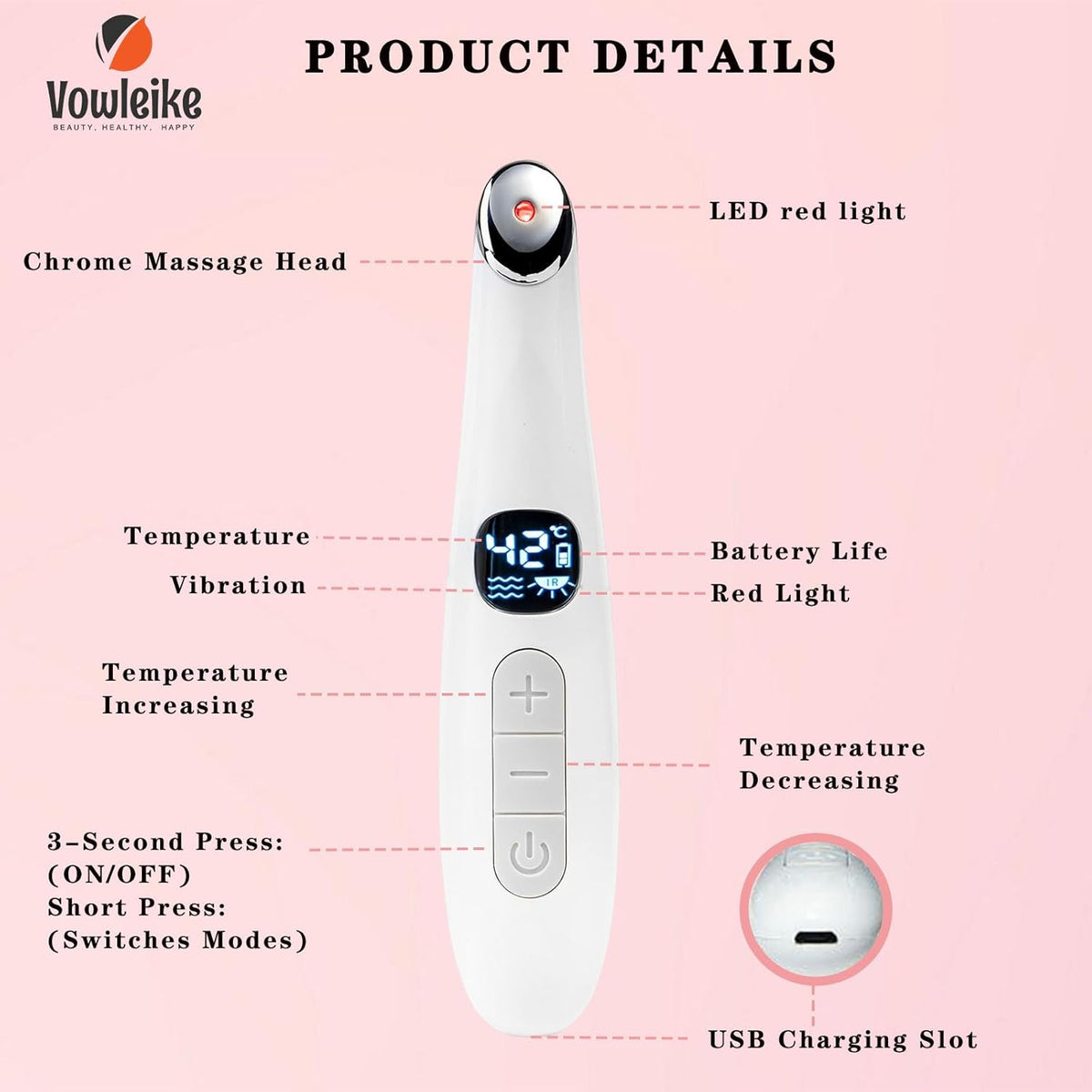 Eye Lift Wand, 3 in 1 Vibrating Red Light 98°F to 113°F LCD Display Eye Massager for Dry Eyes, Dark
