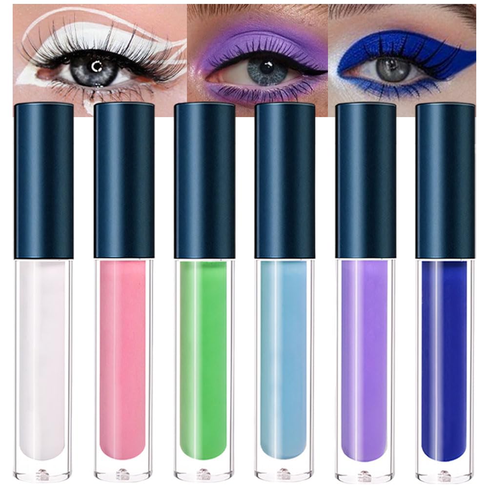 6 Pcs Colorful Matte Liquid Eyeshadow Eyeliner Set, White, Pink, Green, Blue, Purple, Dark Blue