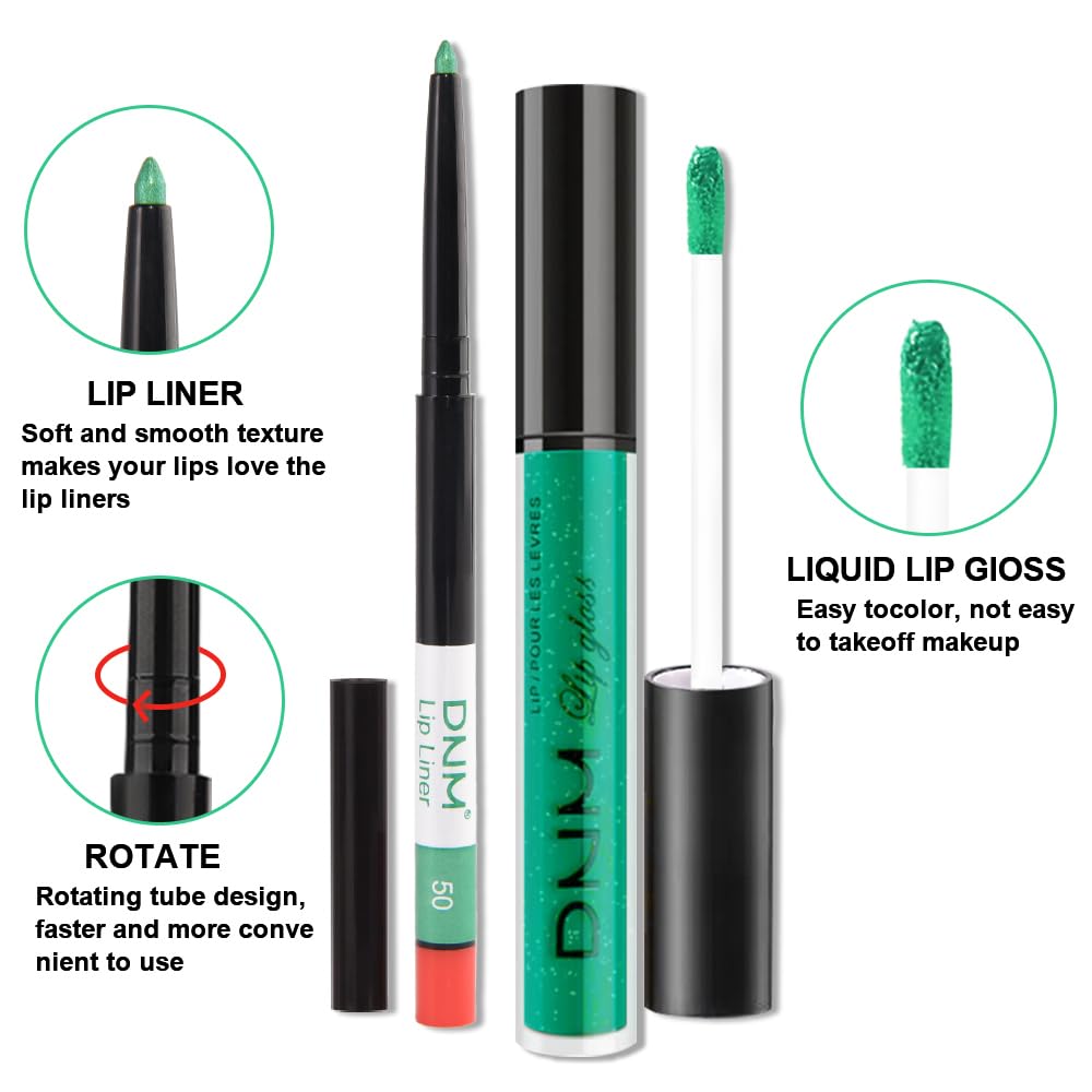 evpct 2Pcs Green Shimmer Glitter Shiny Liquid Lipstick Lip Gloss Stain and Retractable Lip Liner