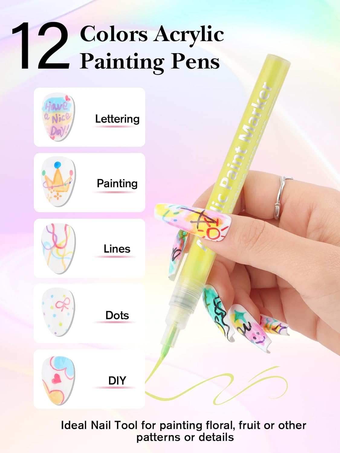 EBANKU 12 Colors Nail Art Pens Acrylic Paint Marker, Nail Polish Pens Quick Drying 0.7MM 3D Acrylic