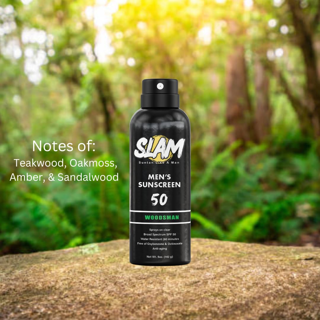SLAM WoodsMan Men's Scented Sunscreen Spray SPF 50 – Broad Spectrum Sun Screen for Face & Body