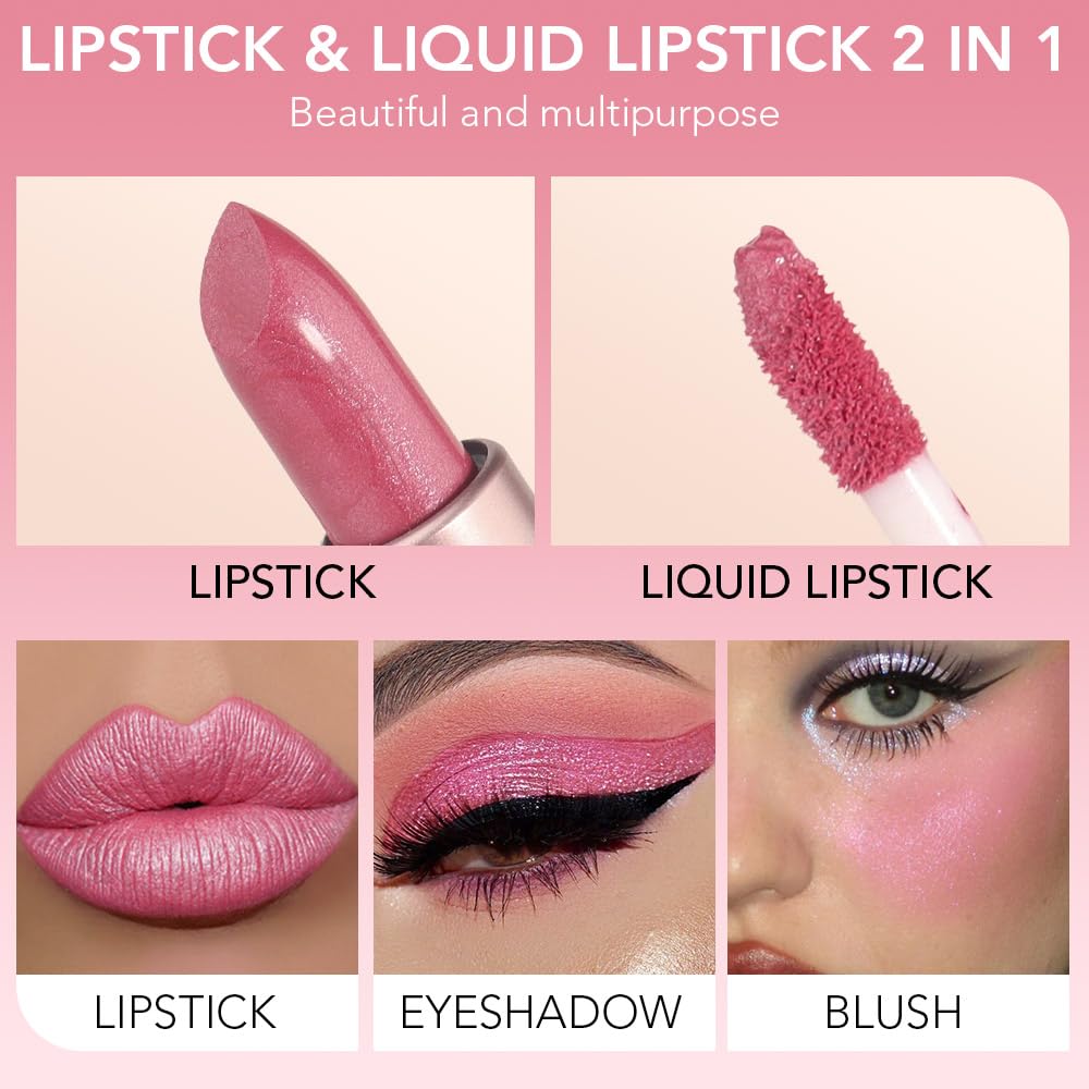 evpct 2 in 1 Rose Pink Glitter Metallic Shimmer Diamond Lipstick and Lip Gloss Set for Women Long