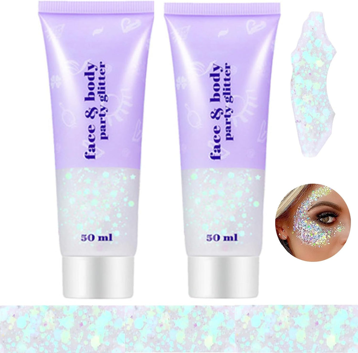 Go Ho 2PCS White Face Body Glitter Gel,Singer Concerts Face Glitter Makeup,Holographic Long Lasting
