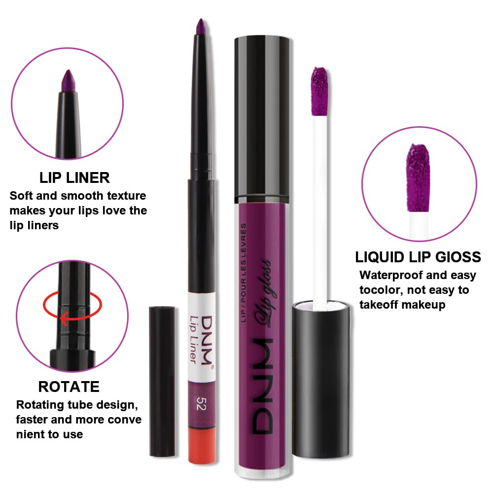 evpct 2Pcs Purple Matte Liquid Lipstick Lip Gloss Stain and Retractable Lip Liner Makeup Set for