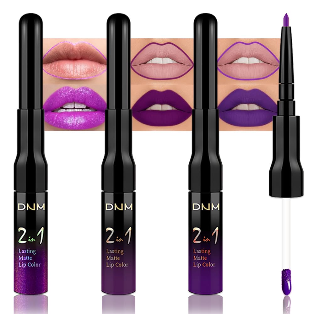 evpct 3Pcs Lavender Dark Violet Purple Matte Lip Liner & Liquid Lipstick Stain Makeup Set for