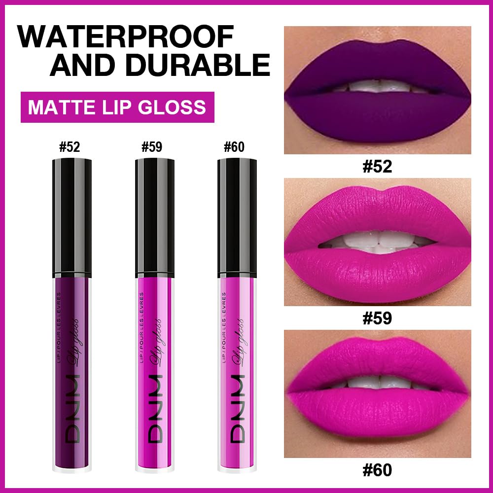 evpct 3Pcs Purple Hot Pink Fuchsia Red Matte Liquid Lipstick Lip Stain Sets for Women, Matte
