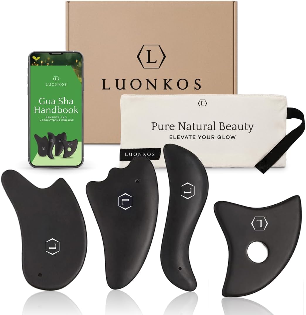 LUONKOS Gua Sha Tools Set - Large Black Bian Stone, 4-Pc - Face & Lymphatic Drainage Massager