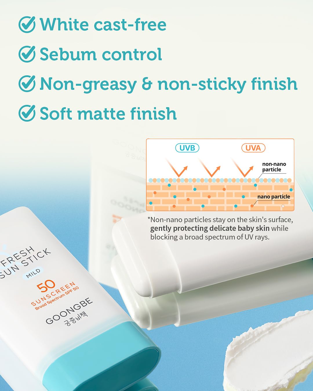 Fresh Sun Stick Mild SPF 50 - No White Cast Zinc Oxide Mineral Sunscreen Stick Balm - Non Greasy