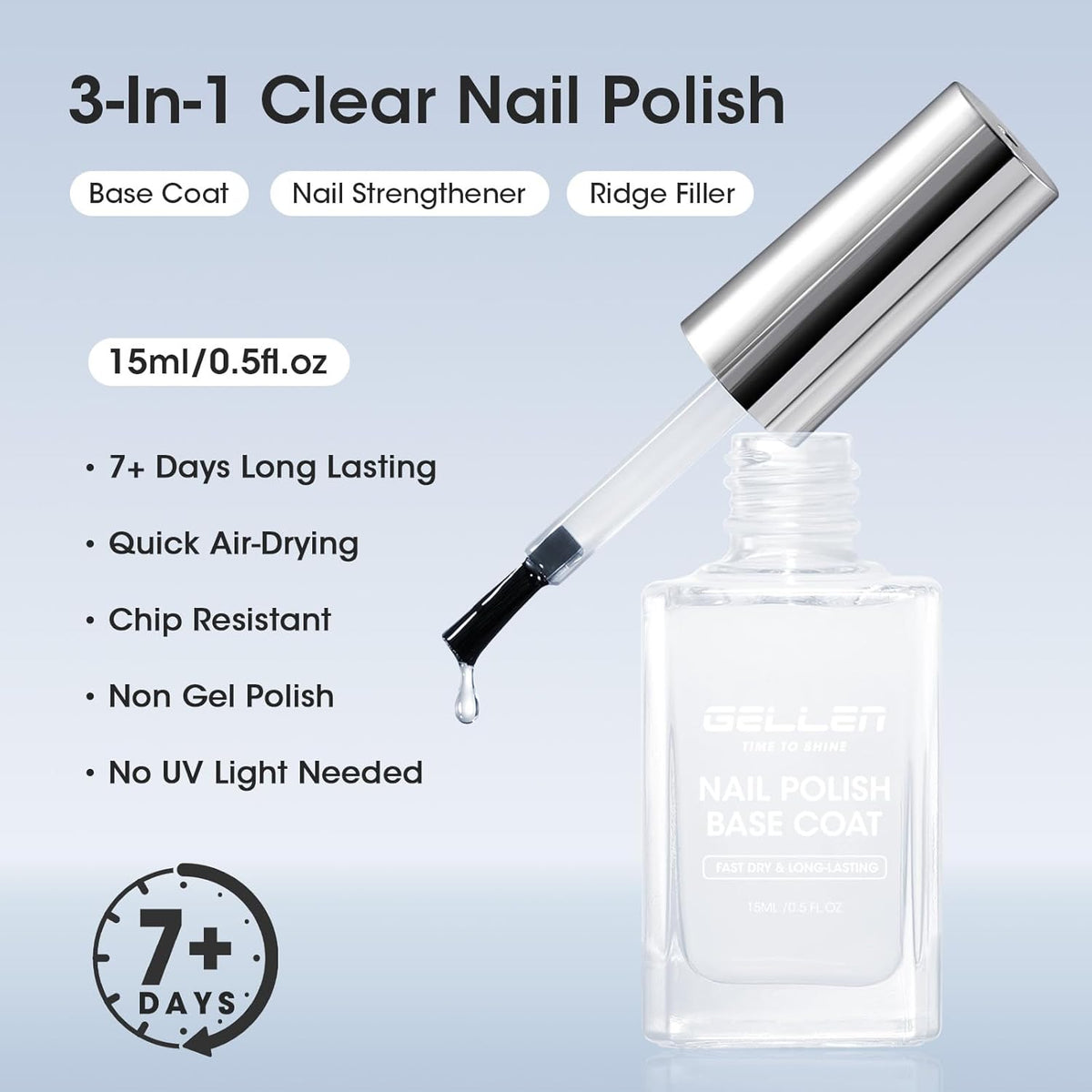 GELLEN Clear Nail Polish Base Coat, Calcium-Formula Nail Base Coat Strengthener Strengthens Nails