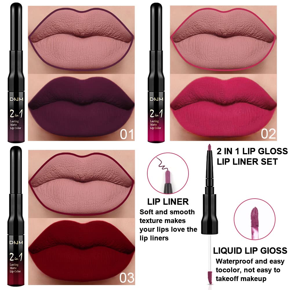 evpct 3Pcs Dark Plum Purple Rose Dark red Matte Lip Liner Pencil and Liquid Lipstick Sets for Women