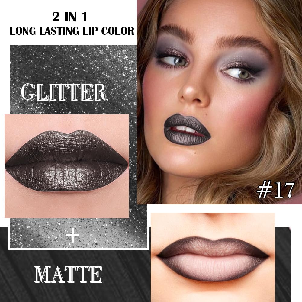evpct Black Metallic Glitter Lip Liner and Lipstick Combo Lip Gloss Stain Set Makeup for Women Long