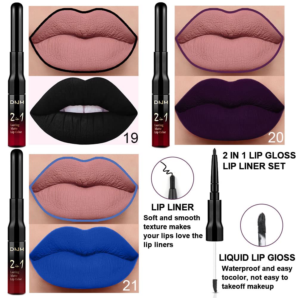 evpct 3Pcs Dark Black Purple Royal Blue Matte Lip Liner and Liquid Lipstick Lip Stain Makeup Set