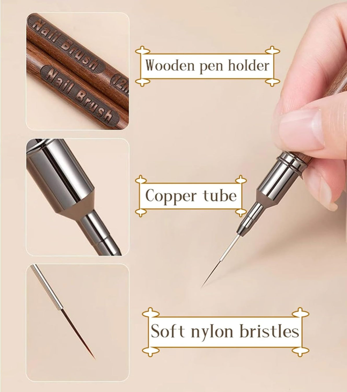 5Pcs Nail Art Liner Brushes, Fine Liner Striping Brush 6/9/12/15/18mm Thin Nail Art Design Brush