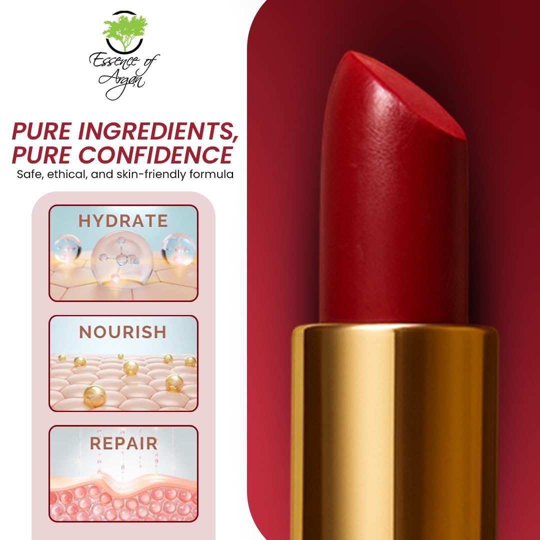 𝗘𝘀𝘀𝗲𝗻𝗰𝗲 𝗼𝗳 𝗔𝗿𝗴𝗮𝗻 Moisturizing Deep Red Lipstick, Tinted Lip Balm with Pure Organic