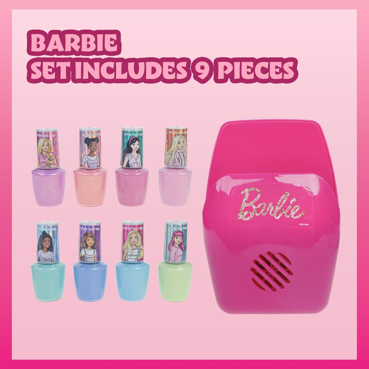 Townley Girl Barbie 8 Piece Nail Polish Set with Nail Dryer for Kids, Peel-Off Water-Based, Safe