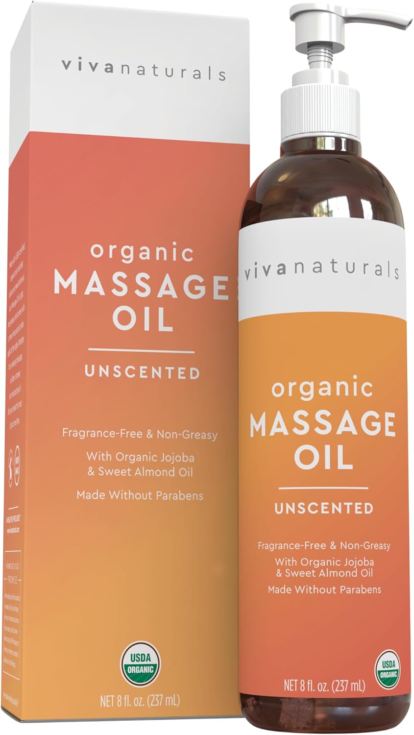 Viva Naturals Organic Massage Oil Unscented (8 fl. oz.) - Non-Greasy Body Oil with Mess-Free Pump