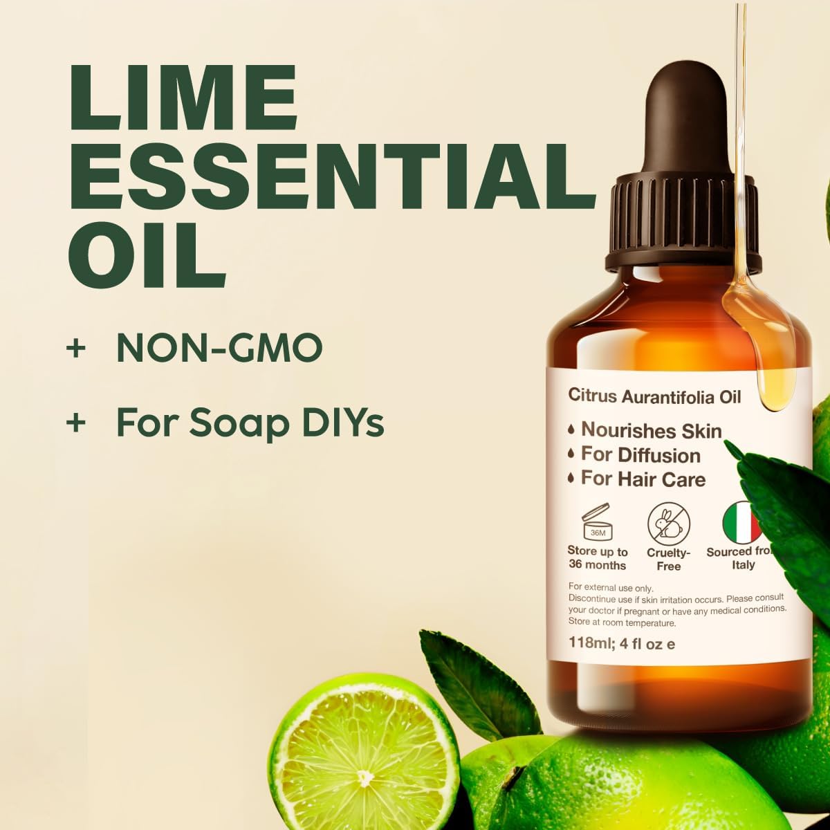 Kukka Lime Essential Oil for Skin - 4 Fl Oz - Lime Oil for Diffuser, Hair, Candles, DIY Soap Making