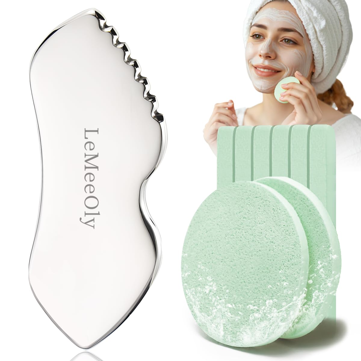 Gua Sha Facial Tools Stainless Steel & Compressed Facial Sponges, Detail Metal GuaSha and Natural