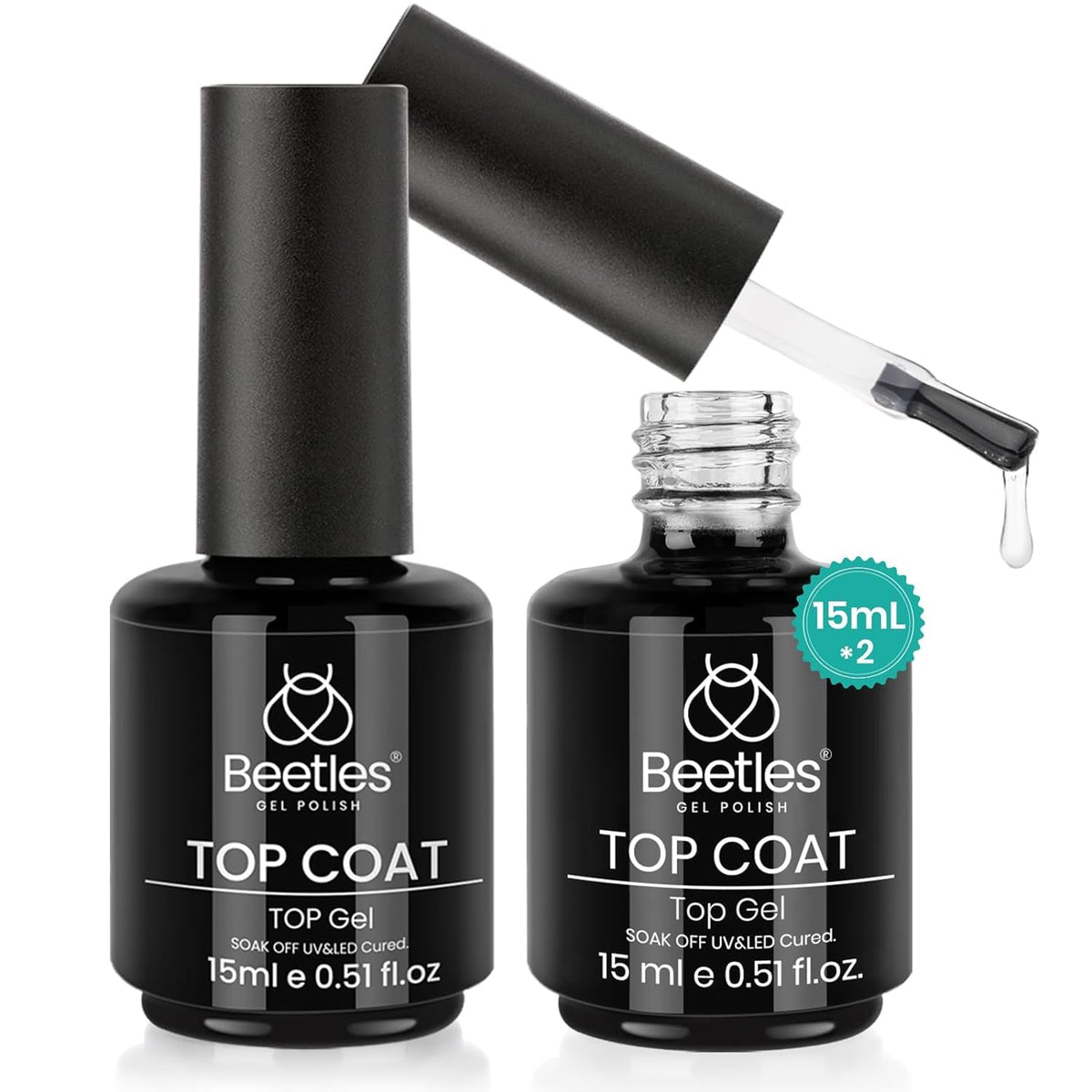 beetles Gel Polish 2Pcs 15ml No Wipe Top Coat Gel Nail Polish High Gloss Shiny Long-Lasting Clear