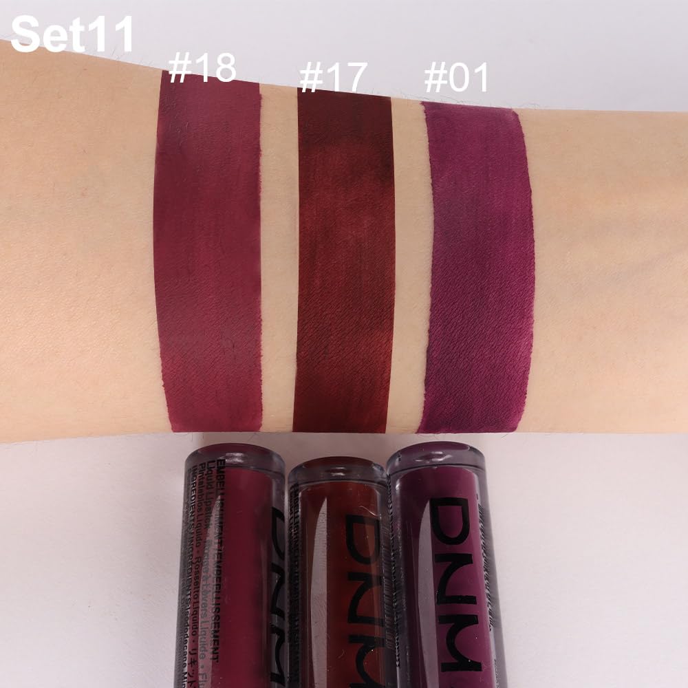 evpct 3Pcs Dark Red Purple Plum Matte Liquid Lipstick Sets for Women Matte Lip Stain Long Lasting