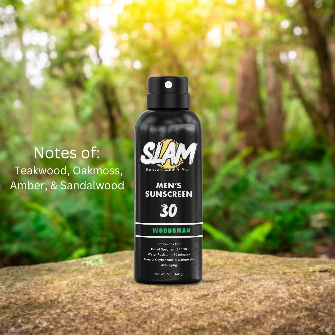 SLAM WoodsMan Men's Scented Sunscreen Spray SPF 30 – Broad Spectrum Sun Screen Spray for Face &
