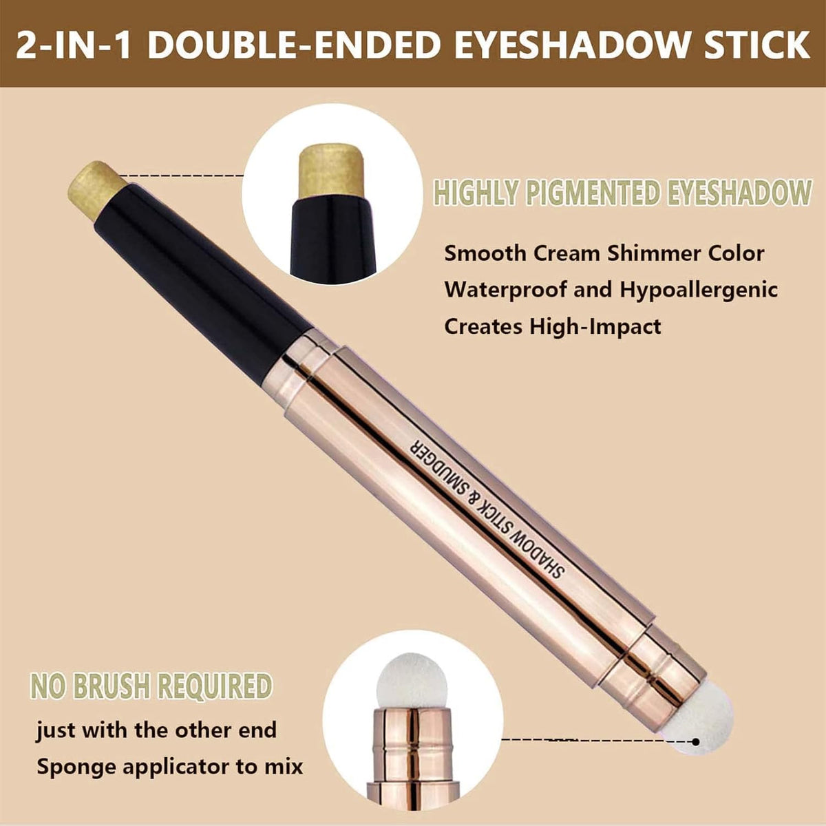 Gold Eyeshadow Stick Makeup, Highlighter Matte Cream Eye Shadow Pencil, Waterproof Hypoallergenic