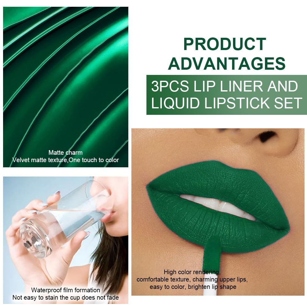 evpct 3Pcs Green Matte Shimmer Lip Liner & Liquid Lipsticks Stain Makeup Set for Women, Green Lip
