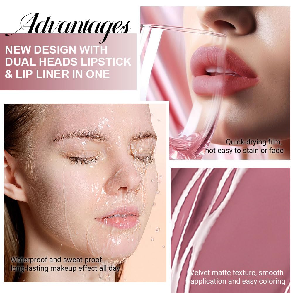 evpct 1Pcs Antique Rose Matte Lip Liner and Liquid Lipstick Stain Makeup Set for women, Nude Pink