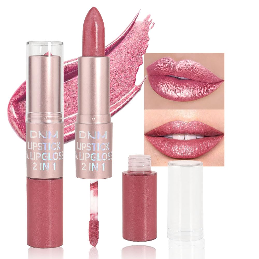 evpct 2 in 1 Natural Nude Pink Glitter Metallic Shimmer Diamond Lipstick and Lip Gloss Set for