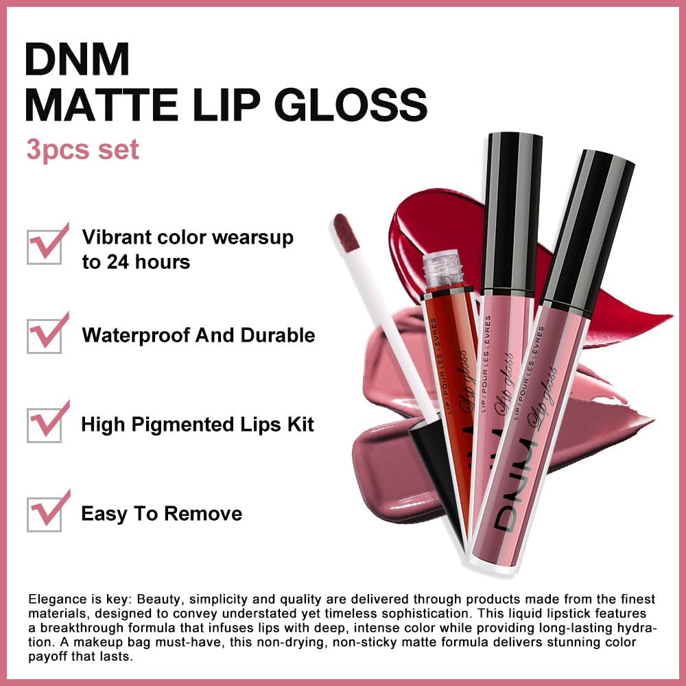 evpct 3Pcs Dark Red Mauve Maroon Matte Liquid Lipstick Lip Stain Sets for Women, Matte Lipstick
