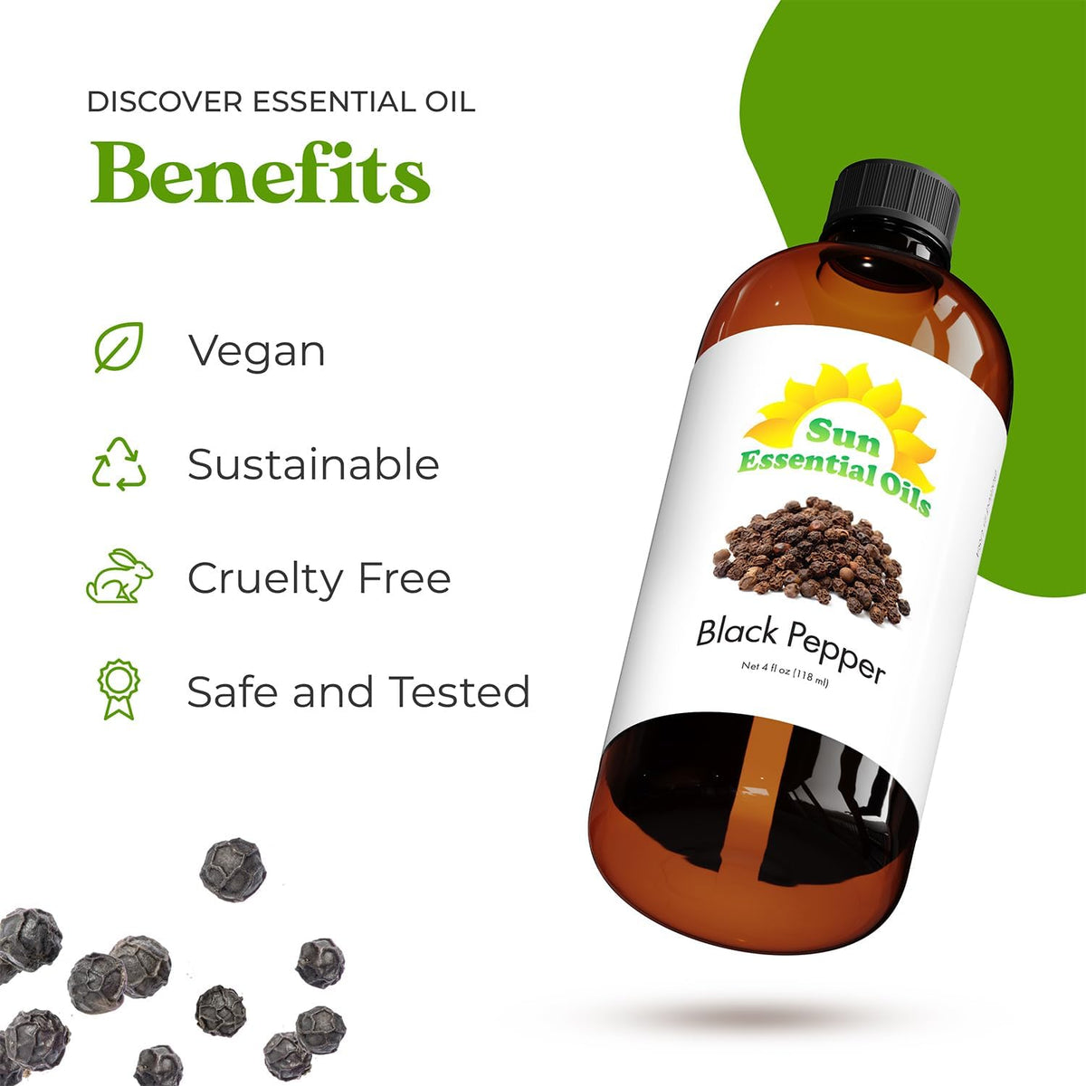 Sun Essential Oils - Black Pepper 4oz Bottle for Diffuser, Humidifier, Aromatherapy, Self and Home