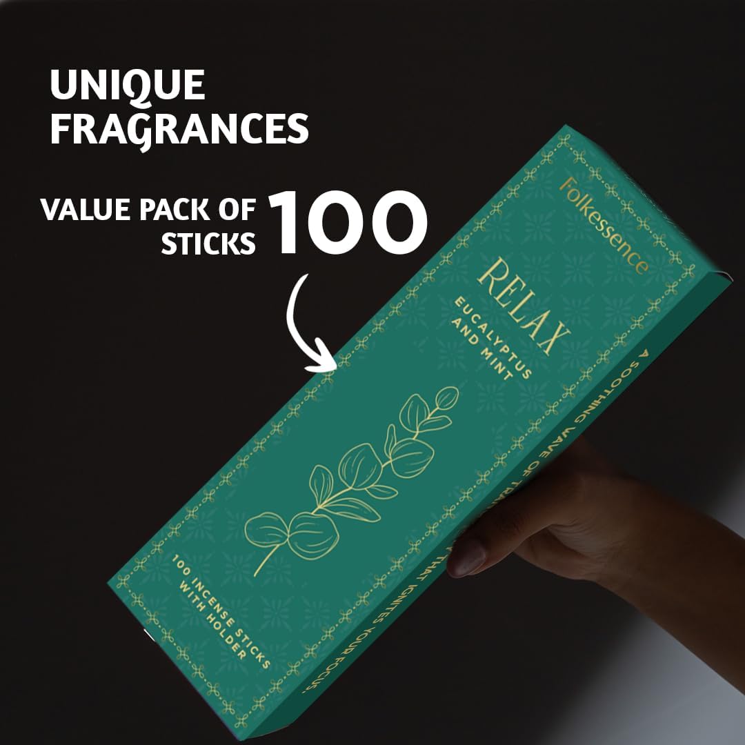 Folkulture Incense Sticks | Set of 100 Insence-Sticks with Holder for Relaxation | Eucalyptus &