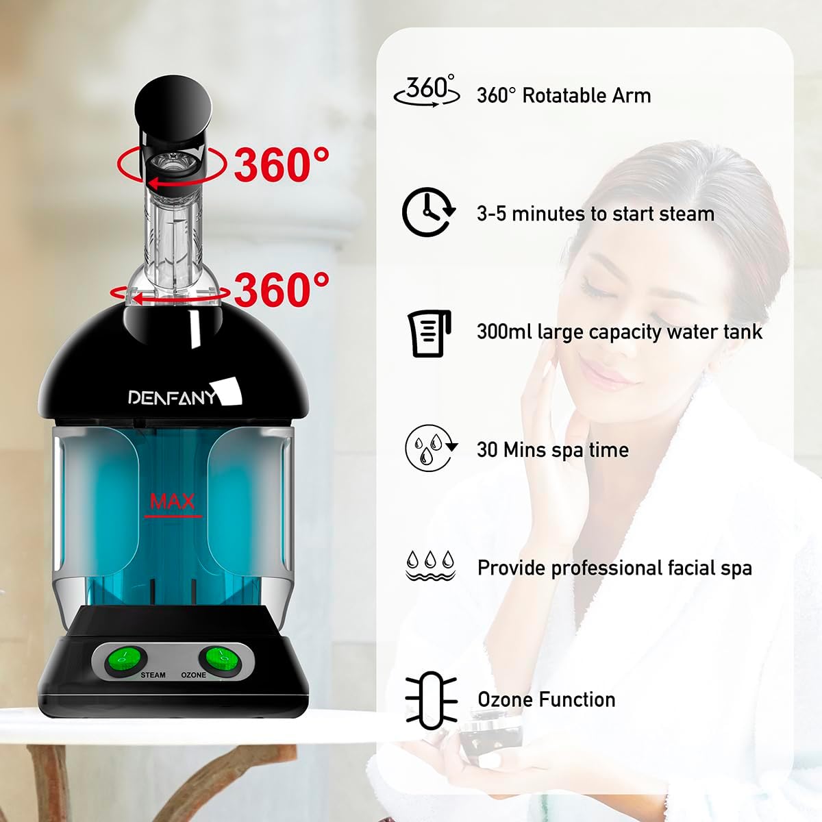 Facial Steamer - DENFANY Nano Ionic Face Steamer with Extendable 360° Rotating Arm - Portable