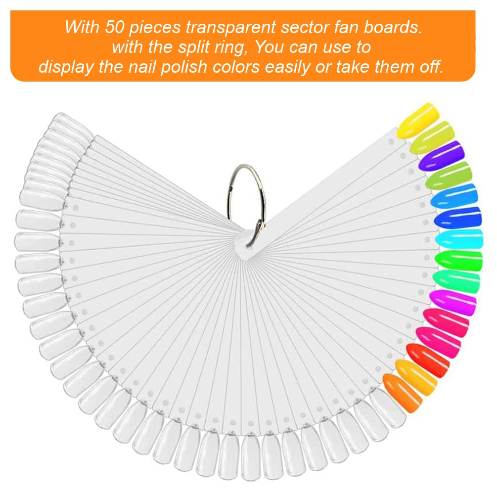 JASSINS 50 Pcs Nail Swatch Sticks with Ring and Numbered Tips - Clear Fan-shaped Display for Nail