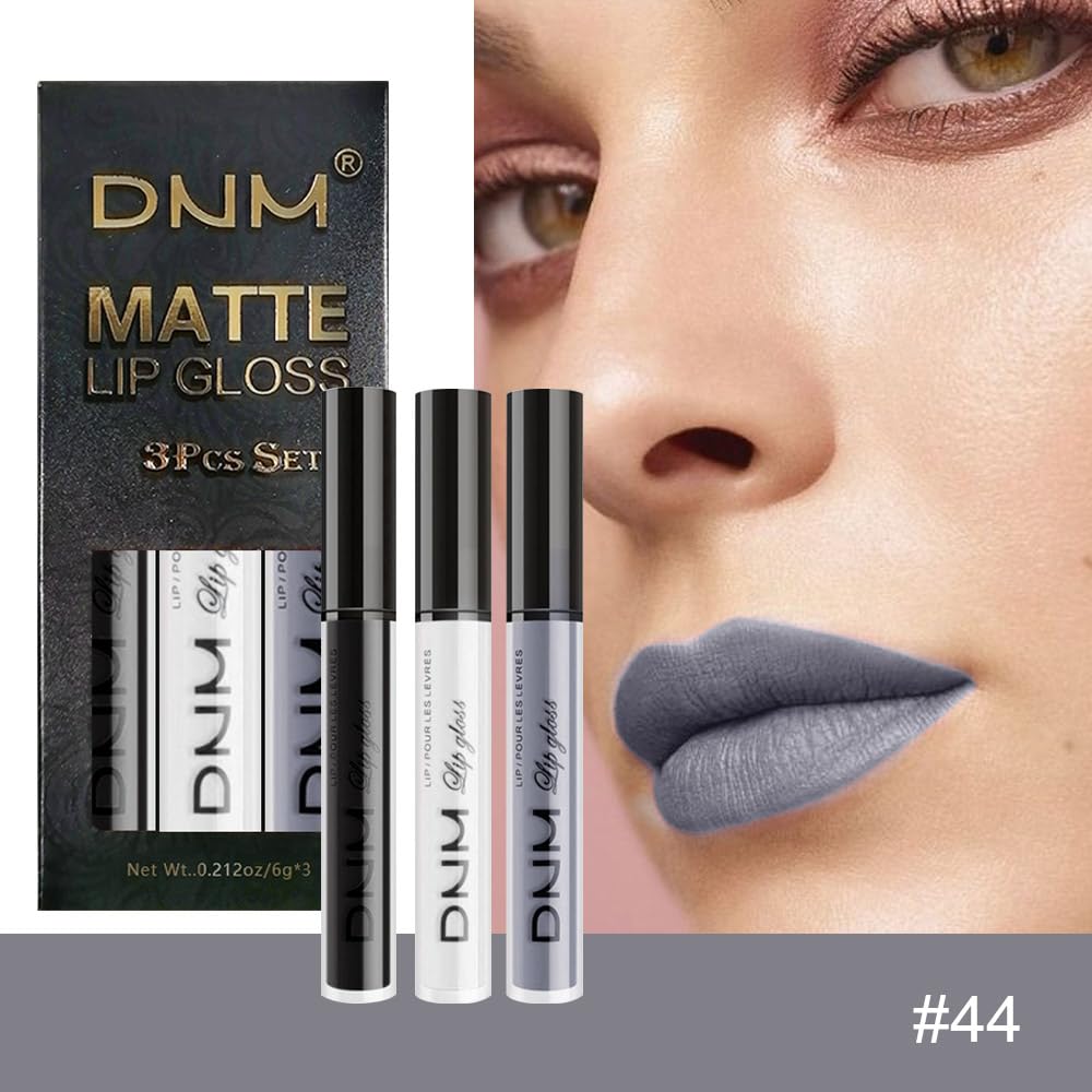 evpct 3Pcs Dark Black Grey Gray White Matte Liquid Lipstick Lip Stain Sets for Women Matte+Lipstick