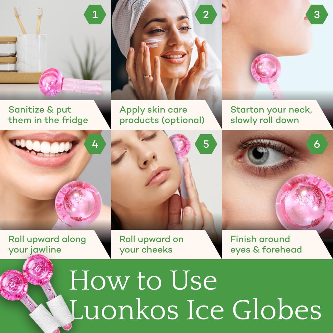 LUONKOS Ice Globes for Face - Pink, Set of 2 - Unbreakable Reusable Glass Gua Sha Tool & Lymphatic
